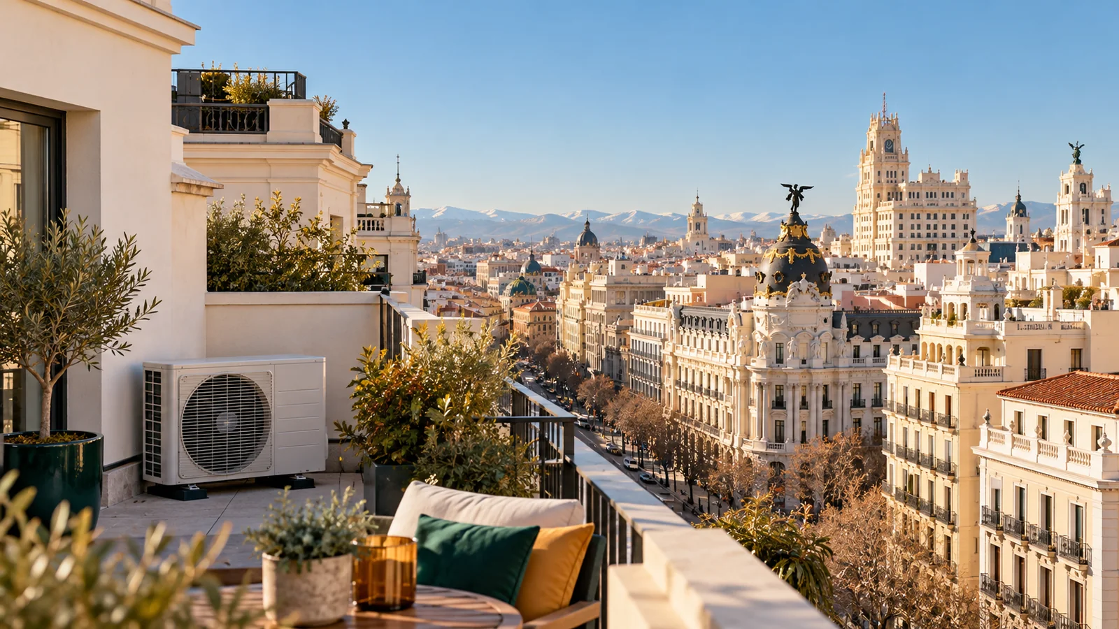 Terraza de una vivienda en Madrid con la unidad exterior de una bomba de calor