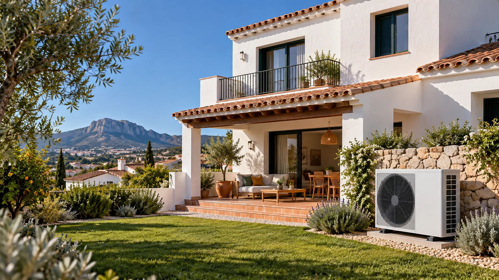 Casa unifamiliar blanca de dos plantas con tejado de teja, porche con sofá y jardín de césped; junto a un muro de piedra, una bomba de calor sobre una base y montañas al fondo