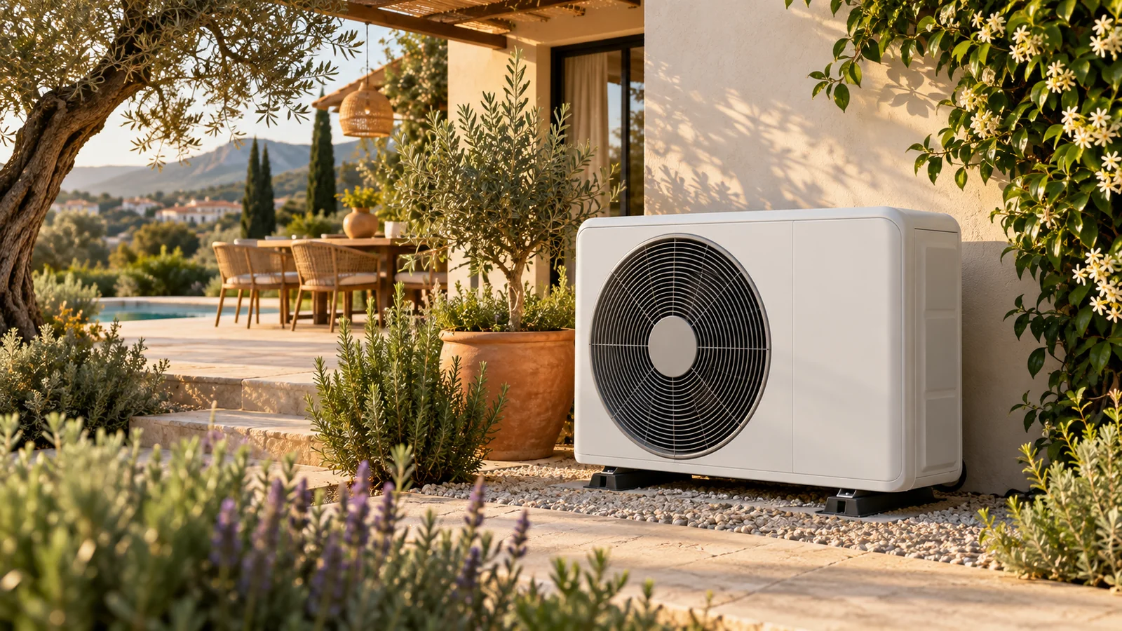 Unidad exterior de bomba de calor blanca con un gran ventilador frontal, sobre soportes en un lecho de grava junto a la fachada de una casa mediterránea, con un olivo, macetas de barro, lavanda y jazmín; al fondo, una terraza con mesa, sillas de mimbre y piscina