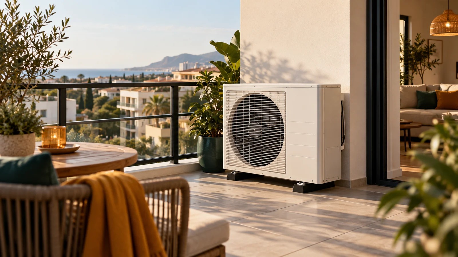 Terraza de un piso con vistas al mar al atardecer; una unidad exterior de bomba de calor blanca sobre soportes en el suelo, junto a plantas en macetas, una mesa redonda de madera y un sillón de mimbre con una manta mostaza