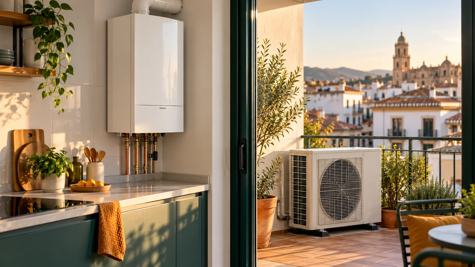 Cocina con una caldera mural blanca y tuberías de cobre a la izquierda y, tras una puerta abierta, una terraza con la unidad exterior de una bomba de calor entre macetas y tejados de una ciudad al atardecer