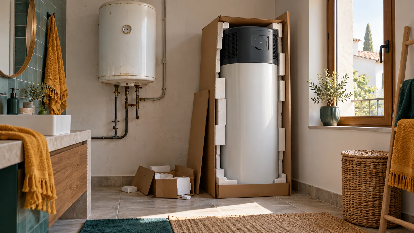 Baño con un termo eléctrico blanco y antiguo colgado en la pared con sus tuberías de cobre y, al lado, un termo aerotérmico de pie, blanco con la parte superior negra, aún dentro de su caja de cartón abierta junto a una ventana