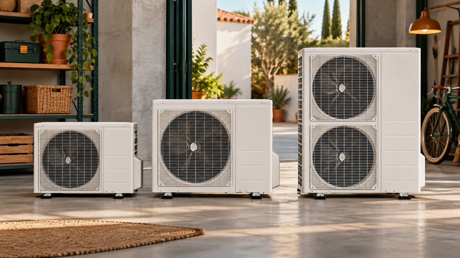 Tres unidades exteriores de bomba de calor blancas de tamaño creciente, la mayor con dos ventiladores, sobre soportes en el suelo de hormigón de un garaje abierto; a la izquierda, estanterías con macetas, cestas y cajas de madera; a la derecha, una bicicleta verde; al fondo, un patio soleado con cipreses