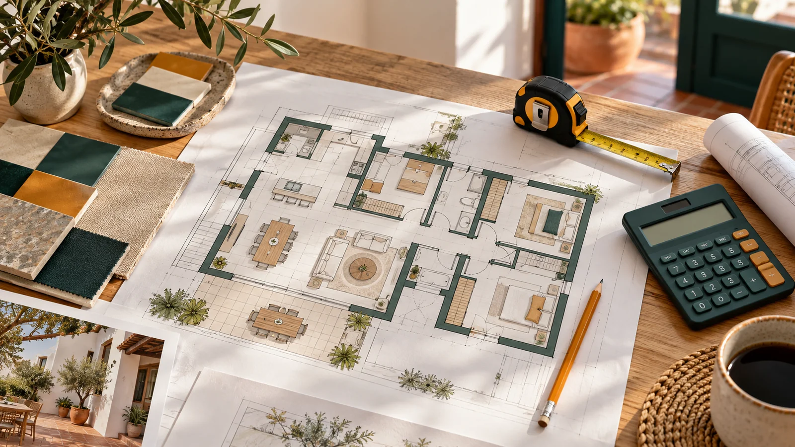 Plano de una vivienda de una planta sobre una mesa de madera, con un metro de cinta, una calculadora, un lápiz, muestras de azulejos y una taza de café